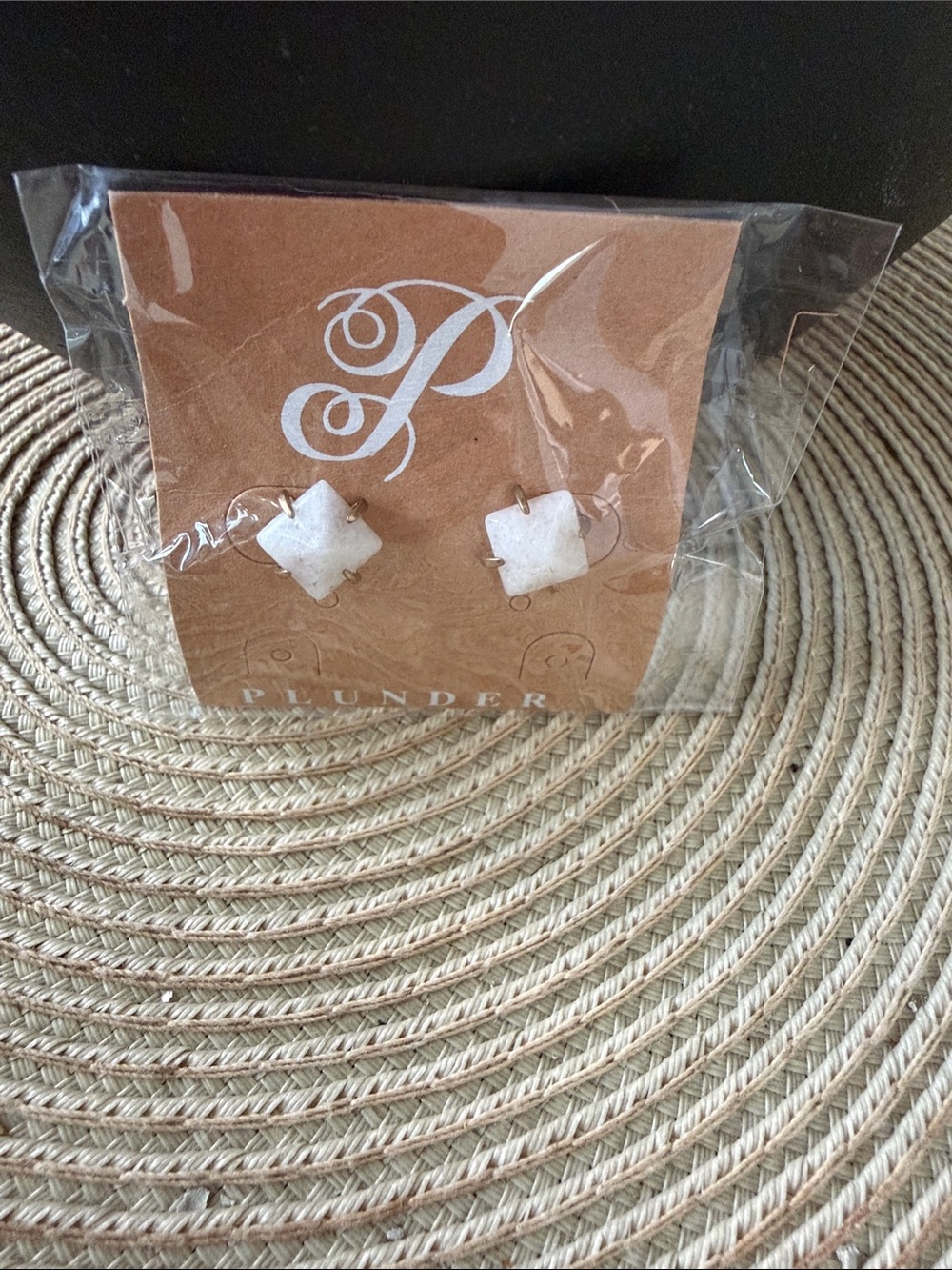 Plunder White Stone Square Stud Earrings Pierced Ears